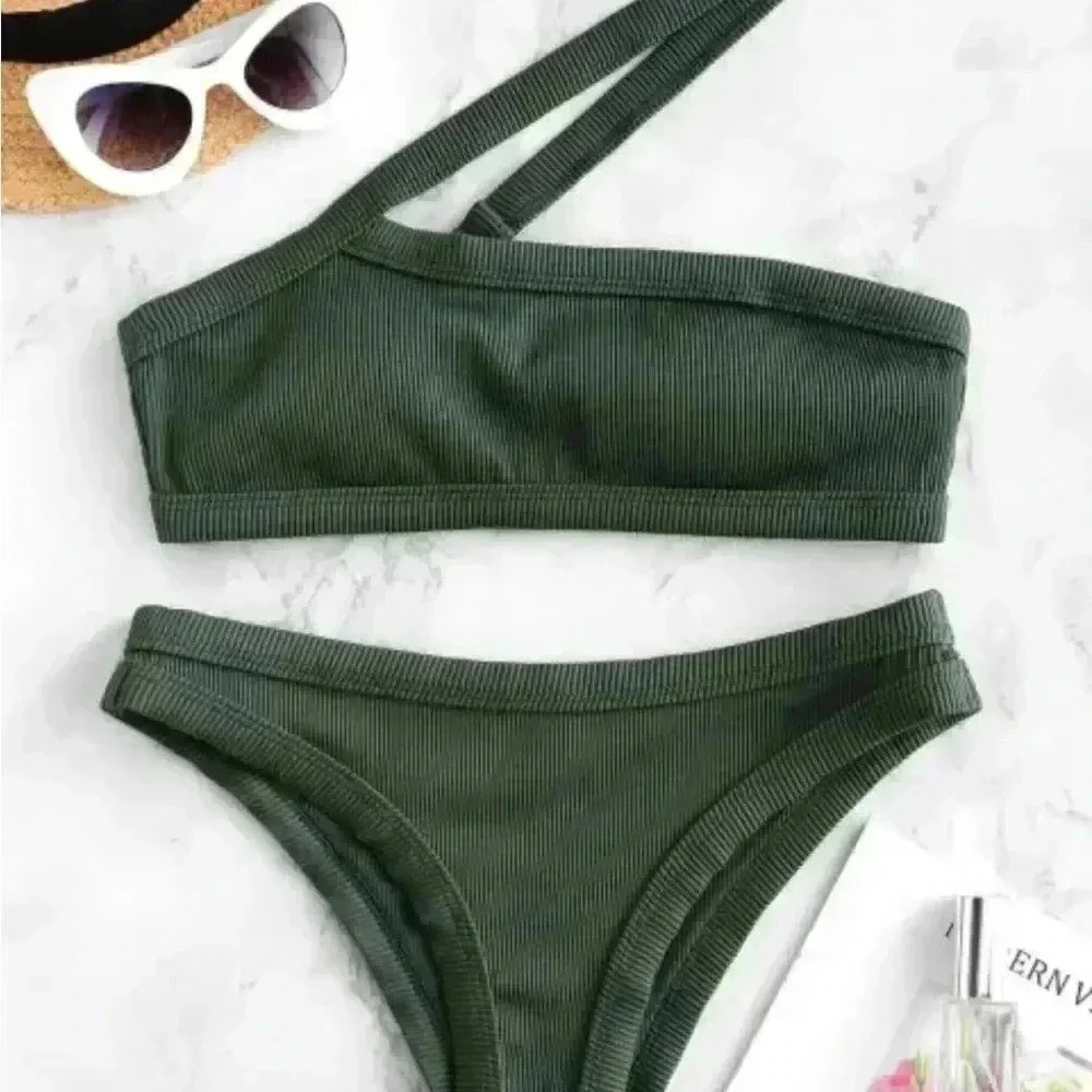 ZAFUL One Shoulder Textured Ribbed Bikini Set - Picture 2 of 8